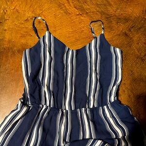 Shinestar Navy and White Striped Wide Leg Jumpsuit